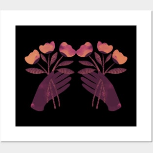 Brown hand with brown orange and pink flowers on black Posters and Art